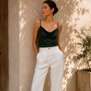 Forest Green Satin Cowl Neck Top, Spaghetti Strap Camisole with Draped Open Back