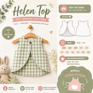 Può includere: Un cartamodello PDF per il top Helen, caratterizzato da una camicetta senza maniche a quadretti vichy verdi e bianchi con chiusura a bottone. Il design include taglie da 06M a 12Y, formati A4, US Letter e A0, più un cartamodello per grembiule.
