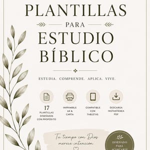 Puede incluir: Un documento digital titulado GUÍA COMPLETA PLANTILLAS PARA ESTUDIO BÍBLICO con una ilustración de hojas a la izquierda. Incluye 17 plantillas, formatos A4 y carta, compatibilidad con tabletas y descarga PDF. Texto: ESTUDIA. COMPRENDE. APLICA. VIVE.