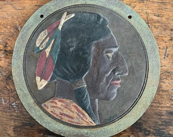 1920s Cast Iron Native American Plaque In Original Paint • Side Profile Relief Advertising Sign Sculpture