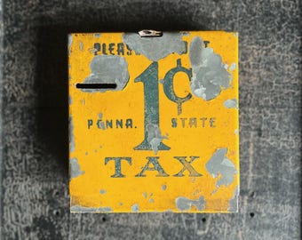 1930s Pennsylvania State Tax Painted Tin Deposit Box With Coin Slot | Bus & Trolley 1 Cent Fare Collection Box.