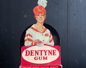 1930s Dentyne Gum Store Display • Tin Litho Counter Top Sale Display & Original Cardboard Box • Marching Girl Graphic • American Chicle Co.