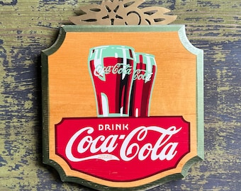 1950s Drink Coca-Cola Advertising Sign | Painted Wood With Original Metal Marquee Topper | Made By Kay Displays