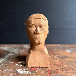 1940s Folk Art Carved Wooden Bust | Student Carving Project Wood Figure | Primitive American Head Figure | Shelf & Desk Eclectic Home Decor