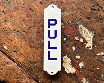 C. 1920's New Old Stock "Pull" Porcelain Door Sign With Scalloped Edges.