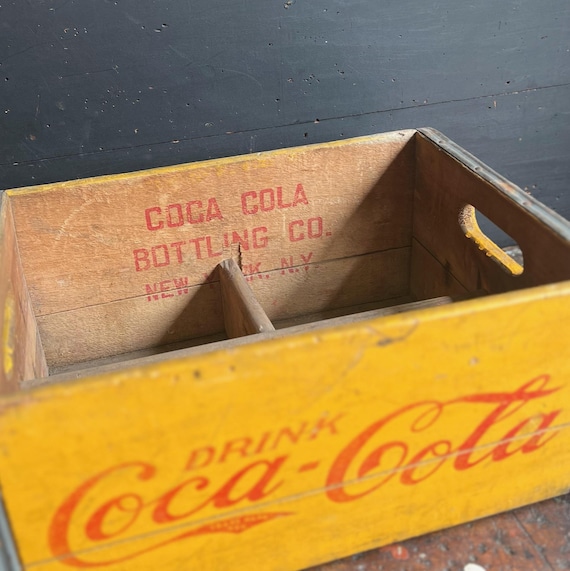 1940s Coca Cola Wooden Crate • Yellow & Red Soda Pop Bottle Box