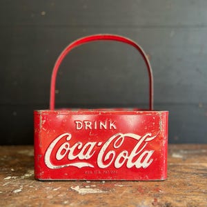 1940s Coca-Cola Embossed Metal Bottle Carrier • Stadium Cooler Tote • Original Paint Drink Coca-Cola Script Carrier.