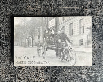 1910s Yale Motorcycles Advertising Postcard – The Yale “Makes Good Always” Slogan With Motorcyclist Hauling Passenger & Wagon.