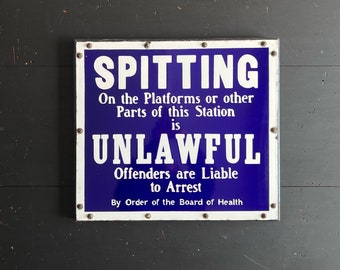 1920s NYC Subway Sign – SPITTING UNLAWFUL Porcelain Sign With Original Wood Frame + Makers Label | From The Woodlawn-Jerome Station Stop.