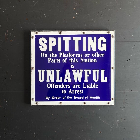 1920s NYC Subway Sign – SPITTING UNLAWFUL Porcelain Sign With Original Wood Frame + Makers Label | From The Woodlawn-Jerome Station Stop.