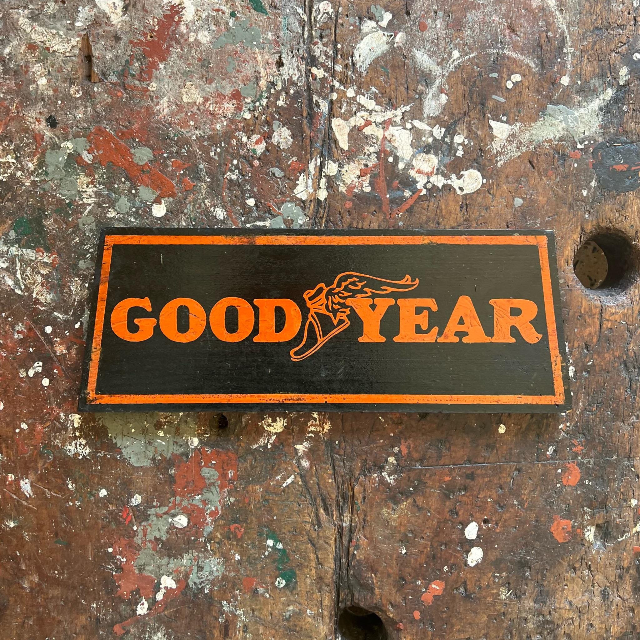 Original Goodyear Service Station Wooden Tire Display Sign C. 1920's Antique Tire Advertising Display Sign With Winged Foot Graphic.