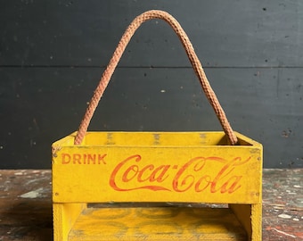 1920's Coca Cola Wooden Bottle Carrier • Six-Pack Crate • Yellow Paint with Red Script • Original Rope Carrying Handle.