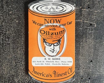 Papel secante de tinta para aceites de motor Oilzum de los años 30 / Papel efímero publicitario de gasolinera nuevo y antiguo / Forma de lata de un cuarto de galón con gráfico de Oswald el conductor.