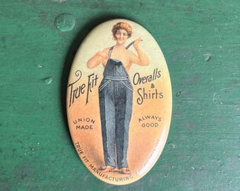 1920s True Fit Overalls & Shirts Celluloid Advertising Pocket Mirror With Box | Made By Whitehead Hoag | True Fit Mfg Co. Peoria, Illinois