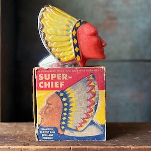 1950s Super Chief Illuminated Hood & Radiator Automotive Ornament • NOS In Box With Instructions • Chrome And Colored Plastic Car Accessory