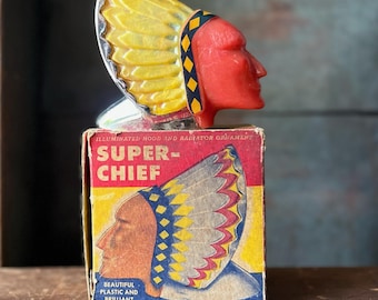 1950s Super Chief Illuminated Hood & Radiator Automotive Ornament • NOS In Box With Instructions • Chrome And Colored Plastic Car Accessory