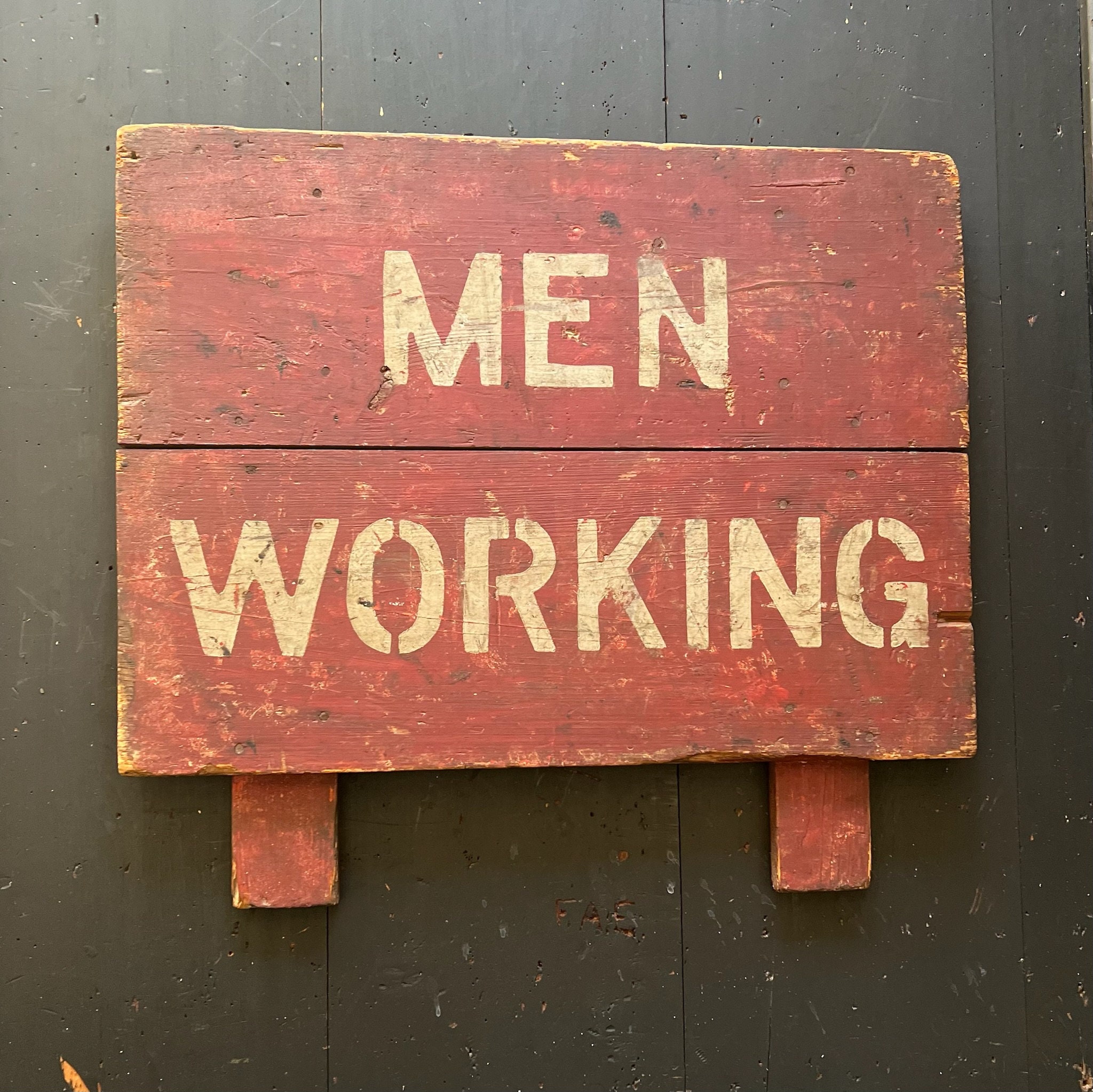 C. 1940's “men Working” Hand Painted Wood Construction Site Sign