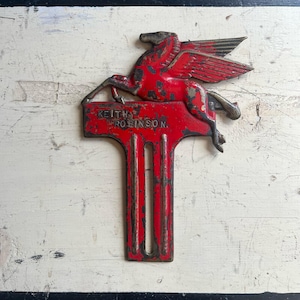 1930s Mobil Pegasus Cast Brass License Plate Topper • Original Red Paint • “Keith Robinson” Stamped Automobile Accessory.