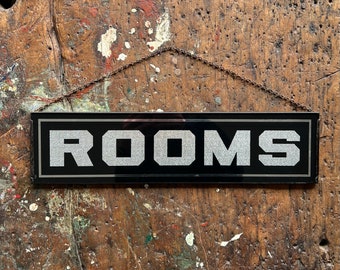 C. 1930's "Rooms" Reflective Glass Boarding House Sign With Original Hanging Chain.