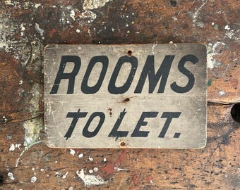 1920's Rooms To Let Hand Painted Wood Sign | Primitive Original Folk Art | Automobile Tourist Lodging Highway Advertising Roadside Signage