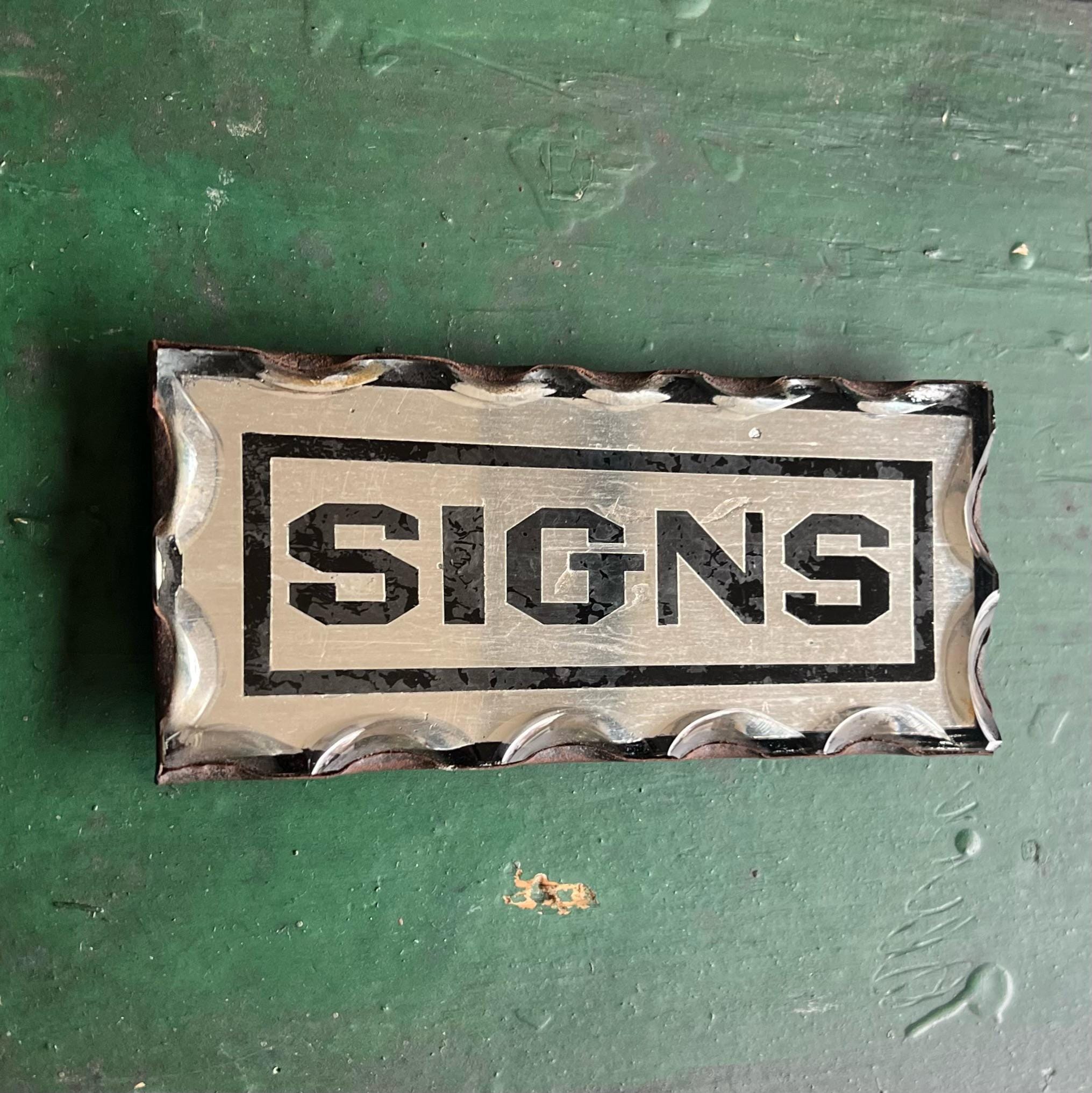1920s “SIGNS” Reverse Painted Chip Glass Sign | Scalloped Glass Edge ...