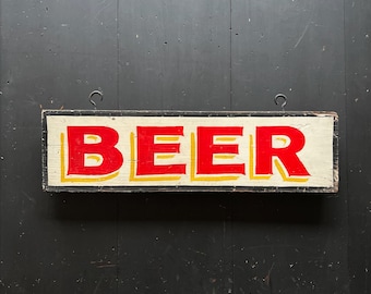 C. 1930&#39;s &quot;Beer&quot; Hand Painted Wood Tavern Sign With Original Iron Hanging Hooks.