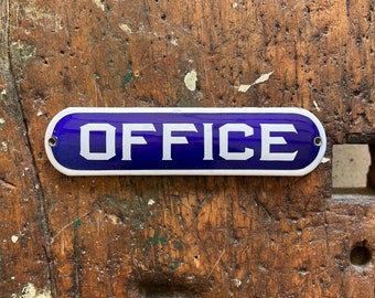 Office Porcelain Door Sign C. 1920’s Original Antique Door Signage In White & Cobalt Blue.