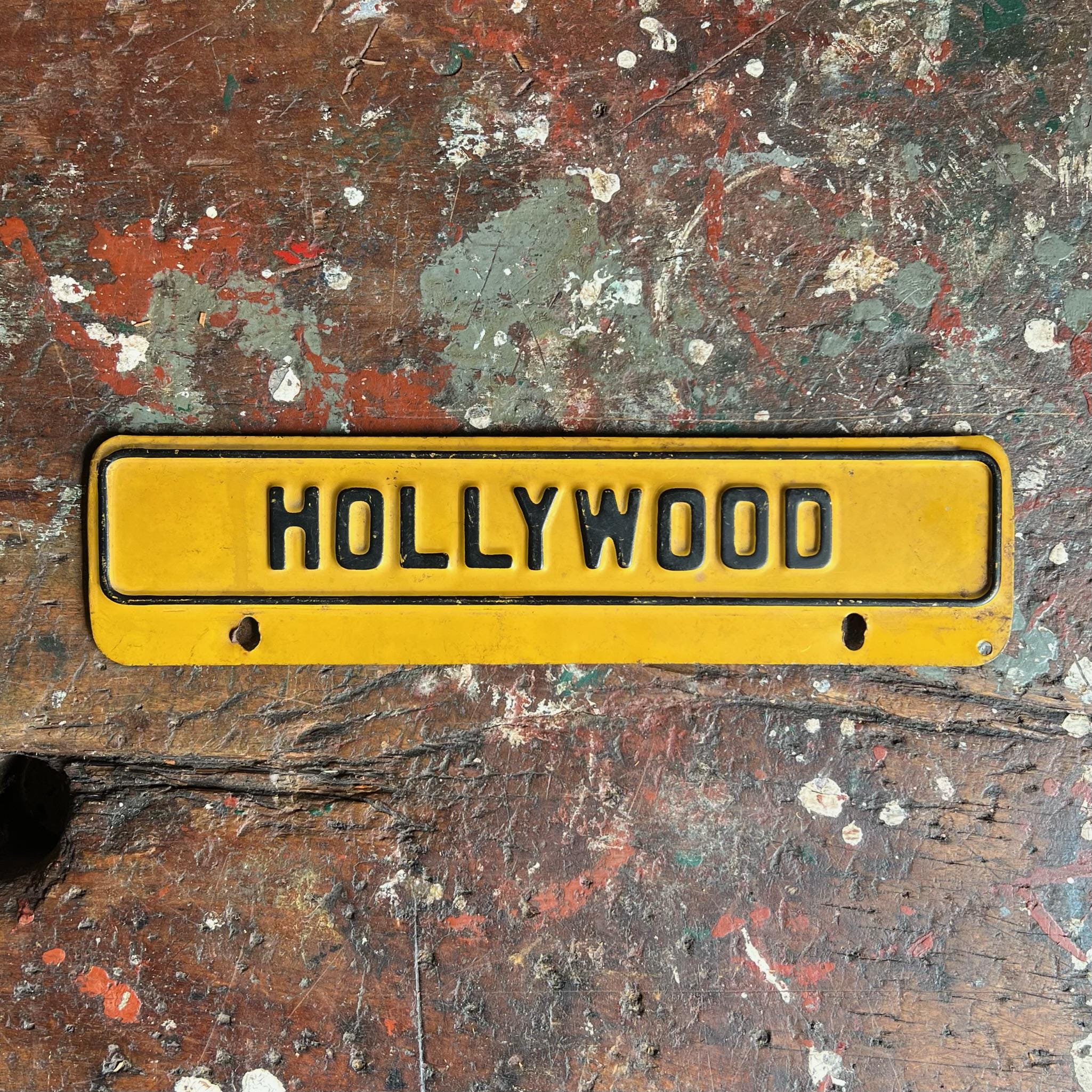 1930s Hollywood California Embossed Tin License Plate Topper | Original Automotive Souvenir Sign In Original Paint.