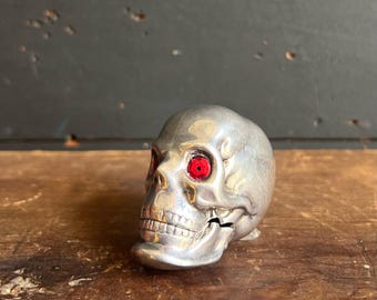 1920s Skull Match Safe • Sterling Silver with Red Eyes • Articulating Jaw Gothic Smoking Accessory
