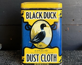 1920s Black Duck Dust Cloth Advertising Storage Tin • Whittier California Auto Detailing Graphic Can With Duck Graphics & Original Lid.