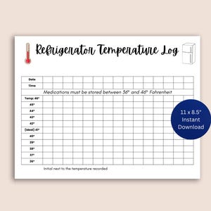 Könnte beinhalten: Ein weißes, druckbares A4-Blatt mit einem "Kühlschrank-Temperaturprotokoll". Das Protokoll enthält ein Raster zum Aufzeichnen von Temperaturen und den Text "Medikamente müssen zwischen 2,2° und 7,8° Celsius gelagert werden."