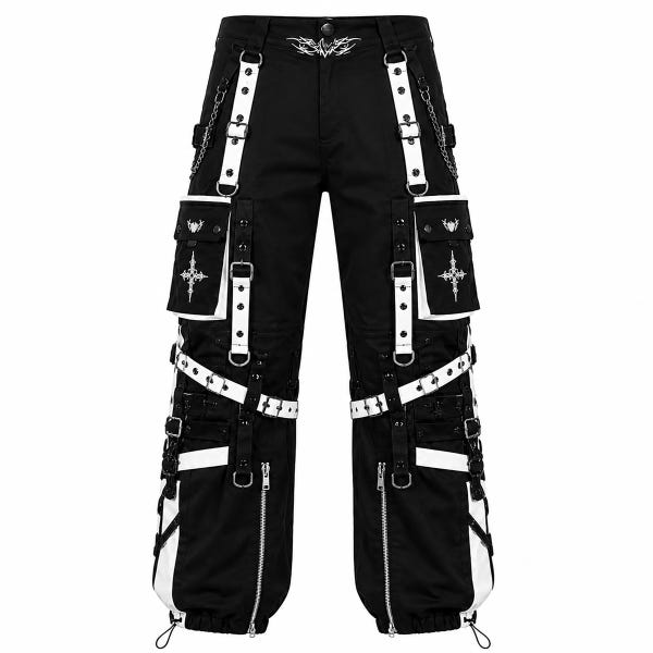 Gothic Black With White Straps Rough Rider Goth Punk Pants