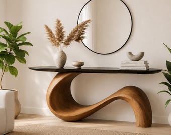 Mesa de console escultural de meados do século XX, mesa de entrada moderna feita à mão em madeira orgânica para corredor.