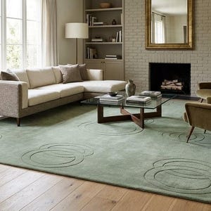 May include: A large, rectangular area rug in a soft sage green colour, featuring a repeating embossed pattern of interlocking circular shapes across its surface. The rug is placed on a light-toned wooden floor in a living room setting.