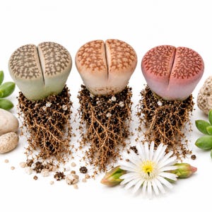May include: Three lithops succulents with exposed root systems, arranged in a row. The plants feature distinct pebble-like shapes with textured patterns in shades of green, tan, and pink. A single white daisy-like flower sits in the foreground.