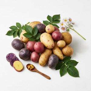 May include: A collection of raw potatoes in various colors including yellow, red, and deep purple, accompanied by green potato leaves and small white and purple flowers. A small wooden spoon holds diced potato pieces near sliced potato rounds.