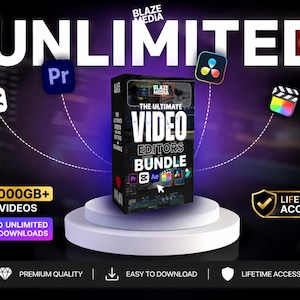 May include: A promotional image for the "Ultimate Video Editors Bundle" featuring a product box on a white pedestal. The image includes the text "UNLIMITED" and icons for video editing software. Additional text highlights "2000GB+ VIDEOS" and "LIFETIME ACCESS."