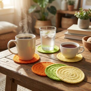 May include: A collection of round, crocheted coasters in vibrant orange, lime green, and pale yellow colors. These circular, textured fabric mats are arranged on a wooden surface, with some supporting a steaming white mug and a glass of water.