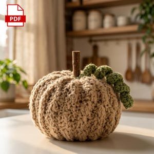 Peut inclure: Une citrouille crochetée de couleur beige clair avec une surface texturée et côtelée. La citrouille présente une tige en bâton de bois brun droit et une seule vigne crochetée verte enroulée attachée au sommet près de la base de la tige.