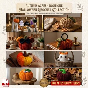 May include: A collection of crochet patterns titled Autumn Acres Halloween Crochet Collection featuring various handmade items including pumpkins, a ghost, a spider, a witch hat, and a cauldron, displayed in a grid of eight distinct images.