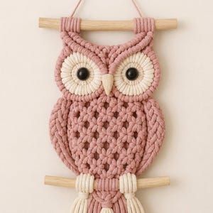 Peut inclure: Une suspension murale en macramé en forme de hibou, réalisée avec des cordes rose poudré et crème. Le hibou présente deux grands yeux circulaires avec des centres noirs, un bec en bois et des motifs noués complexes, suspendu à deux tiges en bois.