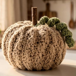 May include: A round, beige crocheted pumpkin with a textured, ribbed surface. The pumpkin features a central brown wooden stick as a stem and a single, coiled green crocheted vine extending from the top, resting against the side of the pumpkin.