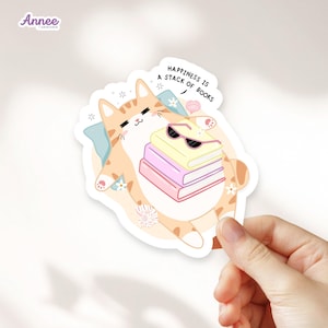 Pegatina de gato amante de los libros para lectores, pegatina de vinilo de gato lector adorable, calcomanía de gato ratón de biblioteca, regalo literario, pegatina para portátil de lectura de verano