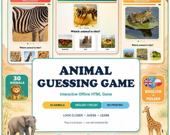 Juego de adivinanzas de animales para niños, juego interactivo sin conexión en HTML, en inglés y polaco.