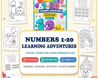 Dibujos para colorear de números, libro para colorear de números para niños, páginas para colorear por números, actividades de conteo para edades de 3 a 7 años, descarga en PDF de 50 páginas