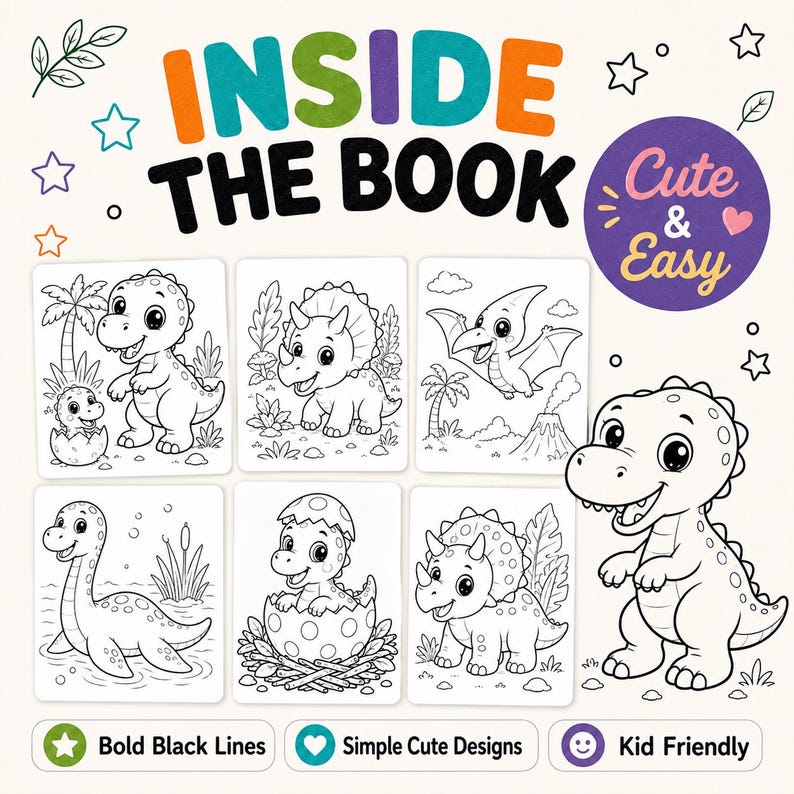 Dinosaur Coloring Book for Kids: 50 Printable Coloring Pages PDF, Cute Kawaii Dinos, Ages 4-8 Activity image 4