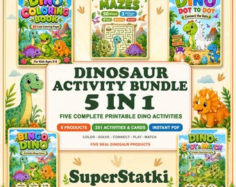 Paquete de actividades de dinosaurios, 5 en 1 PDF imprimible para niños, libro para colorear de dinosaurios, laberintos, unir puntos, bingo, juego de adivinanzas, fiesta de dinosaurios, descarga instantánea.