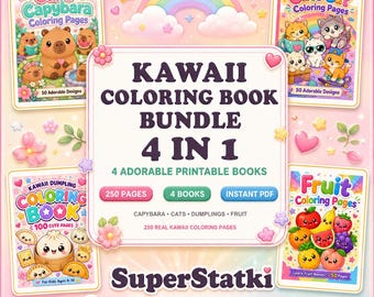 Paquete de libros para colorear Kawaii 4 en 1, Páginas para colorear de lindos capibaras y gatos frutales, 250 páginas imprimibles Kawaii para niños de 4 a 10 años en formato PDF