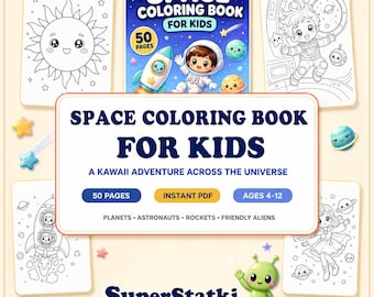 Dibujos para colorear del espacio, libro para colorear del espacio para niños, 50 dibujos kawaii de astronautas, planetas, cohetes y extraterrestres para colorear, edades de 4 a 12 años, descarga en PDF