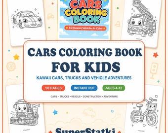 Dibujos para colorear de coches, libro para colorear de coches para niños, 50 dibujos para colorear de vehículos Kawaii, camiones y coches de carreras, para imprimir, edades de 4 a 12 años, descarga en PDF.